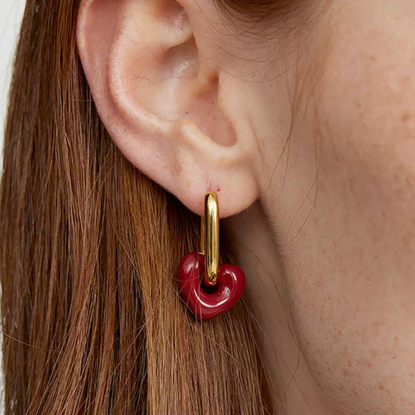 Gold-Toned Hoop Earrings with Red Heart
